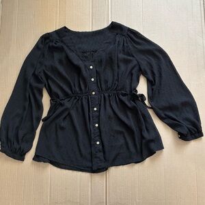 Black Swiss Dot Sheer Peplum Blouse Tie Waist Boho Top Button Up M